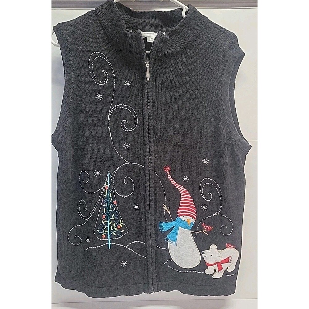 Vtg Christopher & Banks Holiday Snowman Full Zip Vest Knit Black‎ Winterland XL